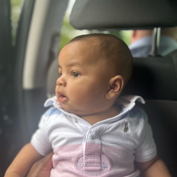 Ralph Lauren Baby Polo Shortall - White, Blue and Pink Ombre - Picture 1 of 4